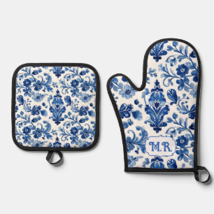 Mittelmeerblaue Blumenfliesen-Monogramm Ofenhandschuh & Topflappen-Set