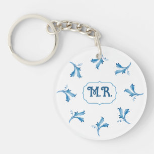 Mittelmeerblaue Blumenkachel-Monogramm Schlüsselanhänger