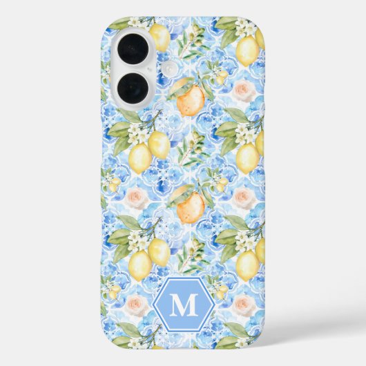 Mittelmeerblaue Fliesen-Limoncello-Monogramm-Name Case-Mate iPhone Hülle (Rückseite)