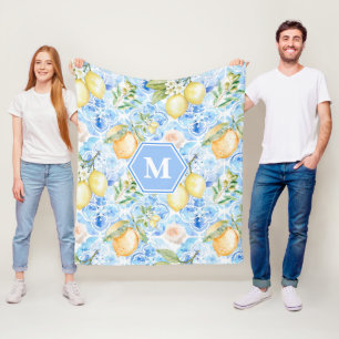 Mittelmeerblaue Fliesen-Limoncello-Monogramm-Name Fleecedecke