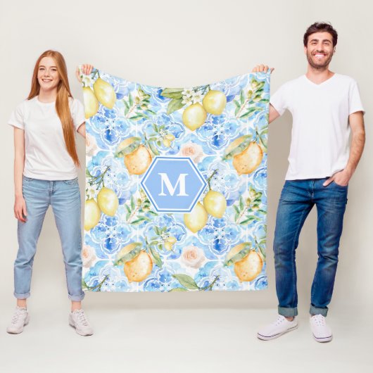 Mittelmeerblaue Fliesen-Limoncello-Monogramm-Name Fleecedecke (Beispiel)