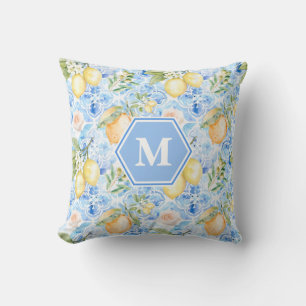 Mittelmeerblaue Fliesen-Limoncello-Monogramm-Name Kissen