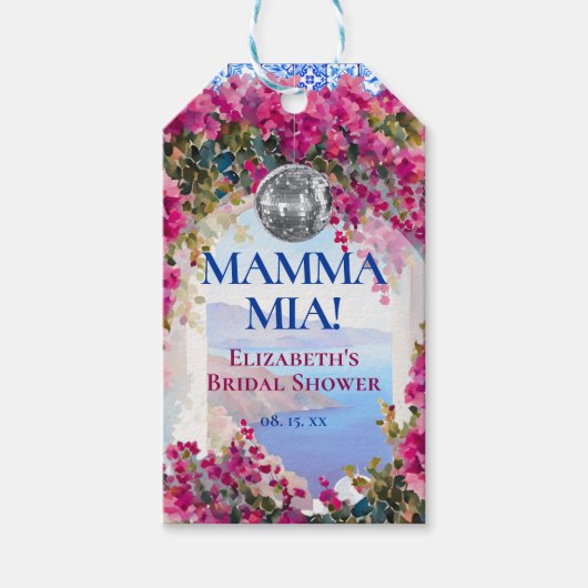 Mittelmeerblaue Fliesen rosa Blumen Disco-Kugel Geschenkanhänger (Vorderseite)