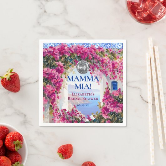 Mittelmeerblaue Fliesen rosa Blumen Disco-Kugel Serviette (Beispiel)