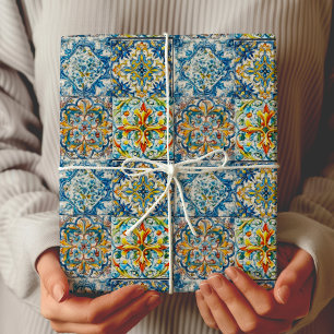Mittelmeerblaue italienische Fliesen-Zitrus-Blumen Geschenkpapier