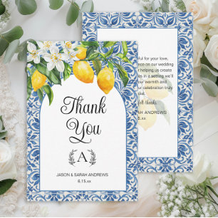 Mittelmeerblaue weiße Monogramm-Zitronen-Hochzeit Dankeskarte