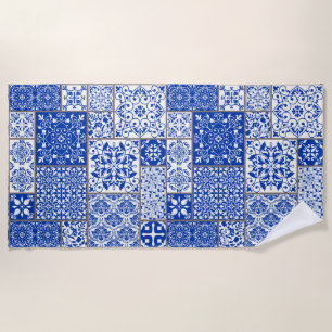 Mittelmeerblaues und weißes Azulejo-Majolika-Mosai Strandtuch