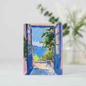 Mittelmeerblick mit Bougainvillea Postkarte (Stehend Vorderseite)