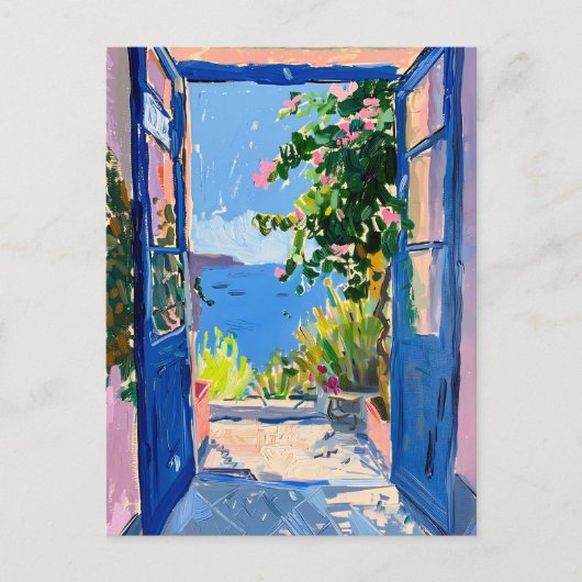 Mittelmeerblick mit Bougainvillea Postkarte (Vorderseite)