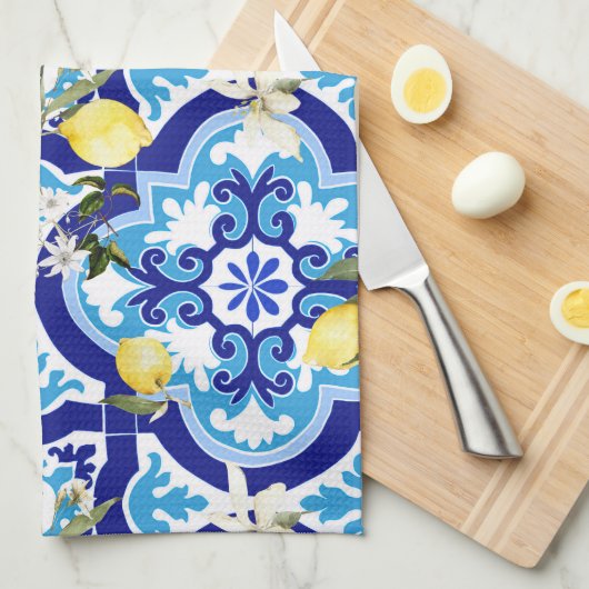 Mittelmeerfliesen, Mosaik, Zitrone, Geschirrtuch (Viertel Falte)