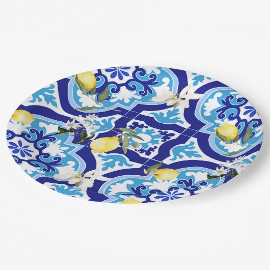 Mittelmeerfliesen, Mosaik, Zitrone, Pappteller (Schrägansicht)