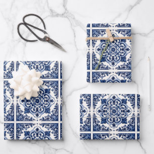 Mittelmeerfliesen, Portugiesisch, Azulejo, Majolik Geschenkpapier Set
