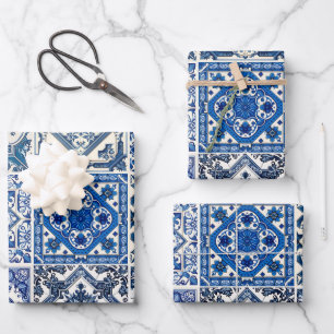Mittelmeerfliesen, Portugiesisch, Azulejo, Majolik Geschenkpapier Set
