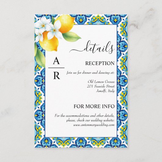 Mittelmeerfliesen und Zitronen Details Hochzeit Begleitkarte (Vorderseite)