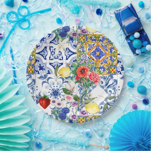 Mittelmeerfliesen, Zitronen, Blume, Majolika, Pappteller (Party)