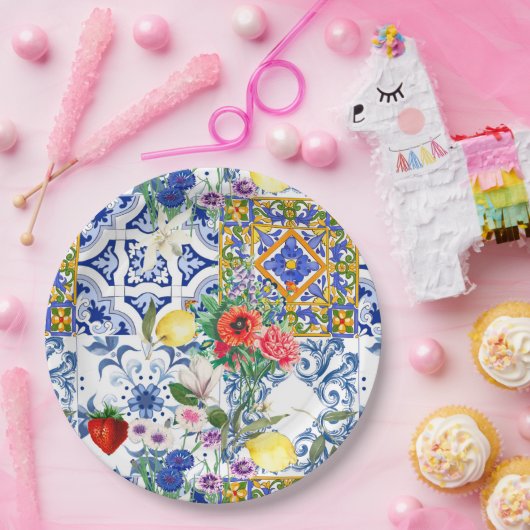 Mittelmeerfliesen, Zitronen, Blume, Majolika, Pappteller (Party)