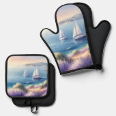 Mittelmeerküste mit Segelbooten Ofenhandschuh & Topflappen-Set (Vorderseite/Rückseite)