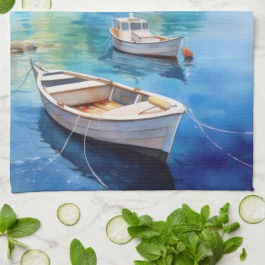 Mittelmeerküstendorf | Badegewässerfarbe Geschirrtuch (Gefaltet)