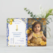 Mittelmeerlemon Blaue Fliesen 1. Foto Geburtstag Einladung (Stehend Vorderseite)