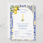 Mittelmeerlemon Blaue Tiles 1. 2. Geburtstag Einladung (Vorderseite)