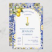 Mittelmeerlemon Blaue Tiles 1. 2. Geburtstag Einladung (Vorne/Hinten)