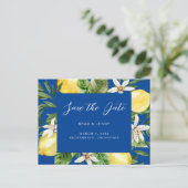 Mittelmeerlemon Wedding Blue Save the Date Einladungspostkarte (Stehend Vorderseite)