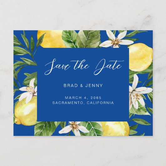 Mittelmeerlemon Wedding Blue Save the Date Postkarte (Vorderseite)