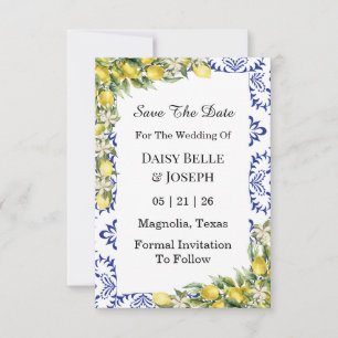 Mittelmeerlemonen Hochzeit mit blauen Mosaiken Save The Date