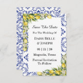 Mittelmeerlemonen Hochzeit mit blauen Mosaiken Save The Date (Vorne/Hinten)