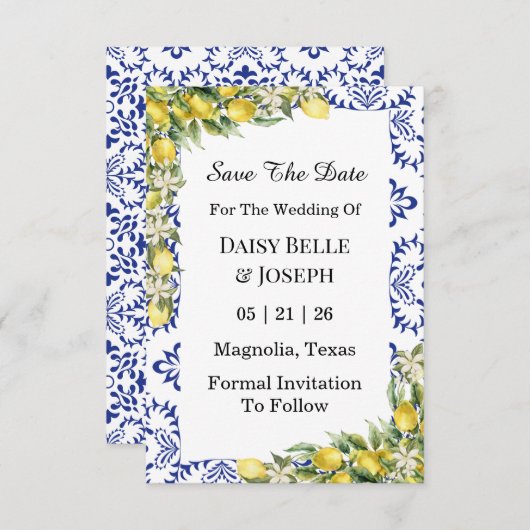 Mittelmeerlemonen Hochzeit mit blauen Mosaiken Save The Date (Vorne/Hinten)