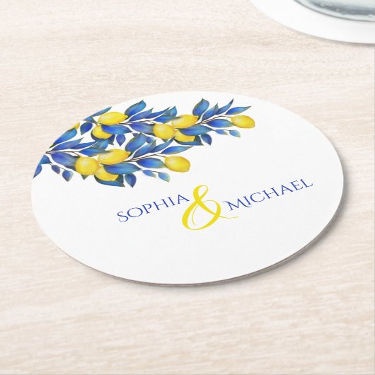 Mittelmeerlemonen-Hochzeitspapier-Untersetzer Runder Pappuntersetzer (Angewinkelt)