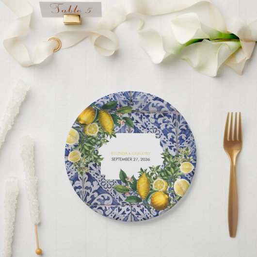 Mittelmeerlemonen Portugiesische Tiles Wedding Pappteller (Hochzeit)