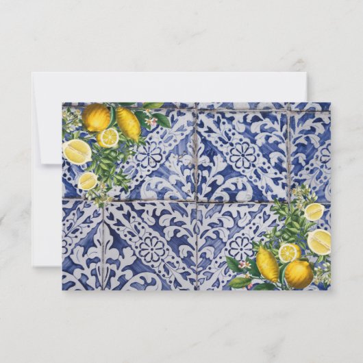 Mittelmeerlemonen Portugiesische Tiles Wedding RSVP Karte (Rückseite)