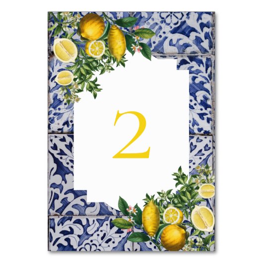 Mittelmeerlemonen Portugiesische Tiles Wedding Tischnummer (Vorderseite)
