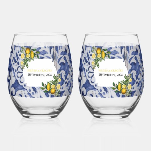 Mittelmeerlemonen Portugiesische Tiles Wedding Weinglas Ohne Stiel (Rückseite)