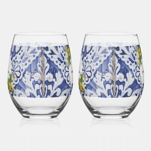 Mittelmeerlemonen Portugiesische Tiles Wedding Weinglas Ohne Stiel (Links)