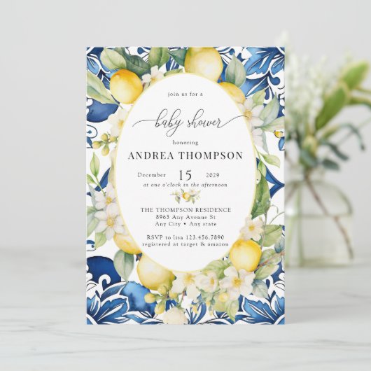 Mittelmeerraum | Citrus Lemon | Babydusche Einladung (Stehend Vorderseite)