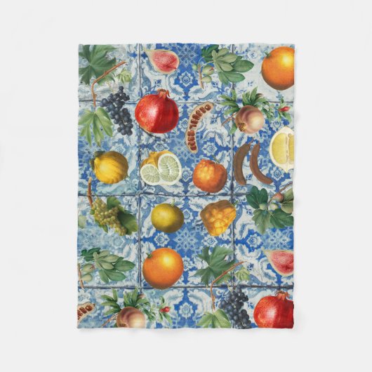 Mittelmeersommerfrucht und blaues weißes Mosaik Fleecedecke (Vorderseite)