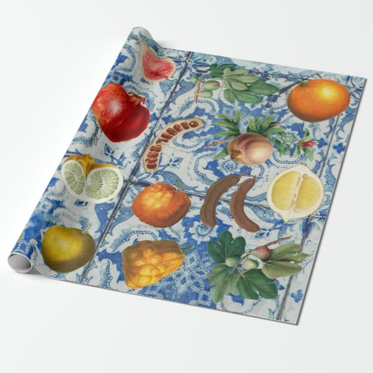 Mittelmeersommerfrucht und blaues weißes Mosaik Geschenkpapier (Ungerollt)