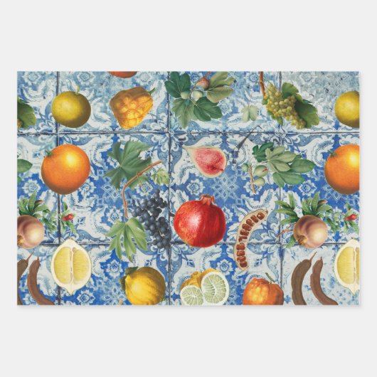 Mittelmeersommerfrucht und blaues weißes Mosaik Geschenkpapier Set (Vorderseite 3)