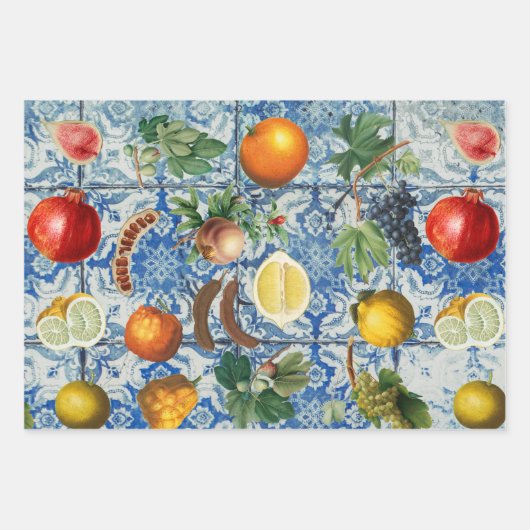 Mittelmeersommerfrucht und blaues weißes Mosaik Geschenkpapier Set (Vorderseite 2)