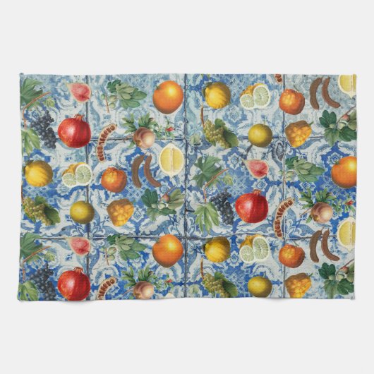 Mittelmeersommerfrucht und blaues weißes Mosaik Geschirrtuch (Horizontal)