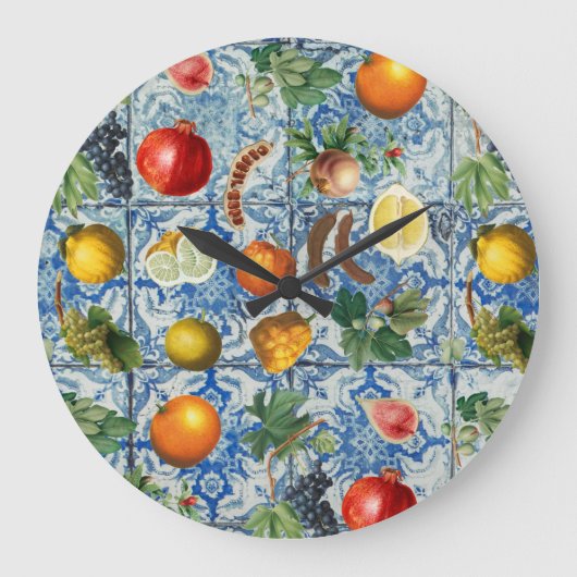 Mittelmeersommerfrucht und blaues weißes Mosaik Große Wanduhr (Vorderseite)