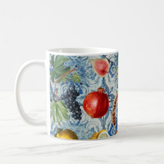 Mittelmeersommerfrucht und blaues weißes Mosaik Kaffeetasse (Links)