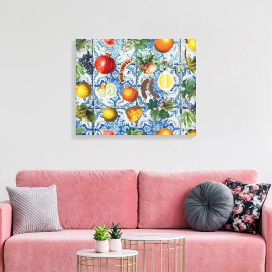 Mittelmeersommerfrucht und blaues weißes Mosaik Leinwanddruck (Insitu (Wohnzimmer))