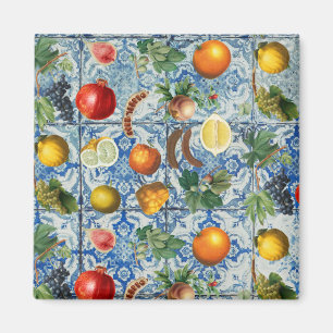 Mittelmeersommerfrucht und blaues weißes Mosaik Magnet