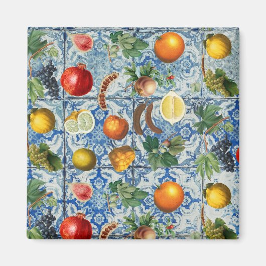 Mittelmeersommerfrucht und blaues weißes Mosaik Magnet (Vorne)