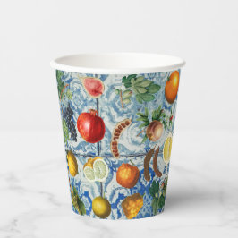 Mittelmeersommerfrucht und blaues weißes Mosaik Pappbecher