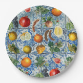 Mittelmeersommerfrucht und blaues weißes Mosaik Pappteller (Vorderseite)