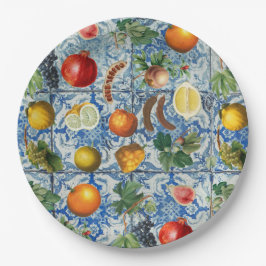 Mittelmeersommerfrucht und blaues weißes Mosaik Pappteller